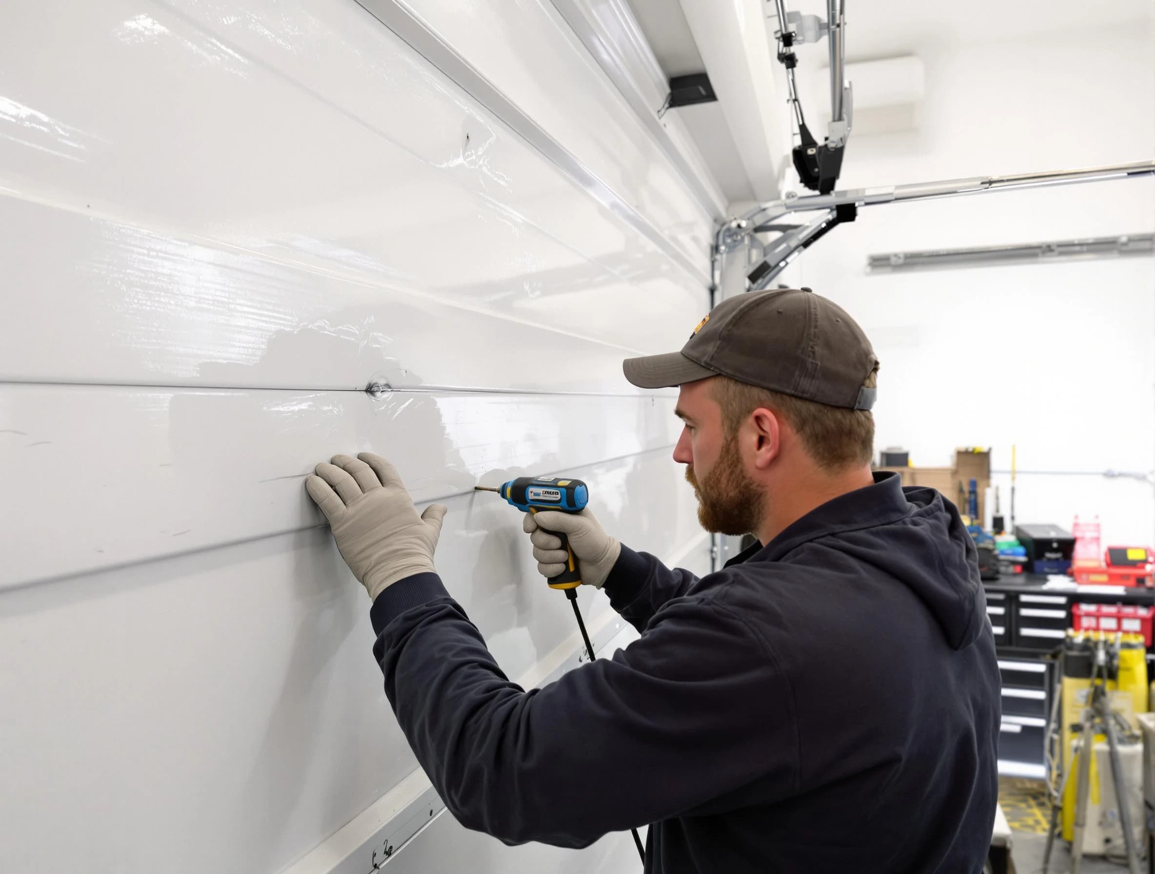 Chamblee Garage Door Repair technician demonstrating precision dent removal techniques on a Chamblee garage door